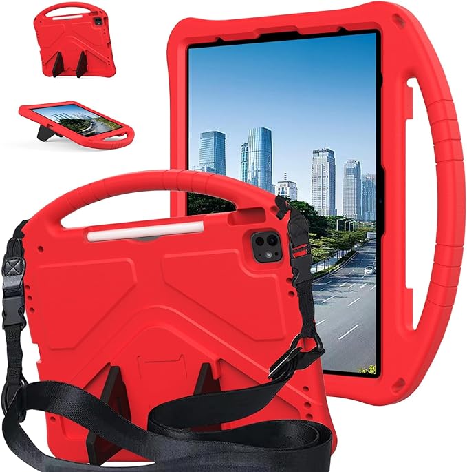 Case for iPad Air 13 inch (M2/M3) 2024/2025 for iPad Pro 13 inch (M4) 2024/12.9 inch (M2) 2022 EVA Shockproof Cover with Strap Handle Stand Red