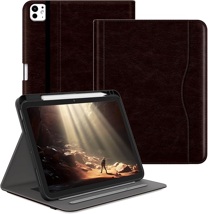 Case for iPad Pro 11 inch (M5/M4) 2025/2024 Multi-Angle PU Leather Cover for i Pad Pro 11 with Pencil Holder/Hand Strap/Pocket Auto Wake/Sleep Dark Brown
