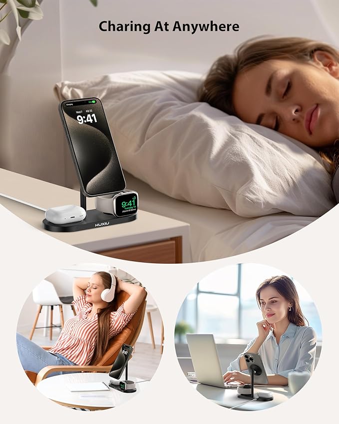 KU XIU Aluminum Alloy 3 in 1 Charging Station for Apple Magnetic Wireless Charger Stand for iPhone 16/15/14/13/12 Series 5W Fast Wireless Travel Charger for Apple Watch 9/8/7/SE Series Airpods