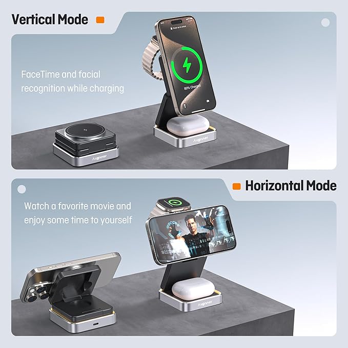 【2026 Upgraded】Wireless Charger 3 in 1 Foldable Wireless Charging Station with Night Light for Apple MagSafe Charger Travel Magnetic Charger Stand Nightstand Fast 15W Charging Station (20W Adapter)