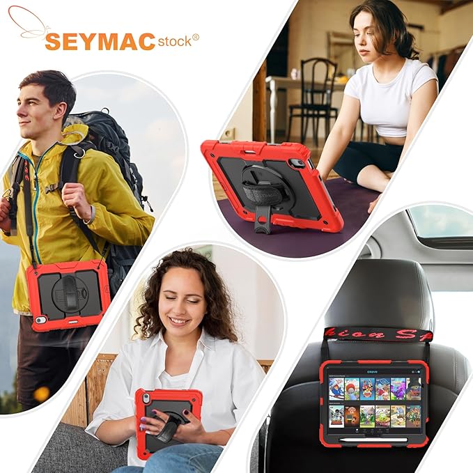 SEYMAC stock Case for iPad Air 11-inch M4-M2 2026-2024 (Gen 8-6) Shockproof Heavy Duty Case with Screen Protector Pencil Holder Rotating Stand Hand Strap Shoulder Strap Red