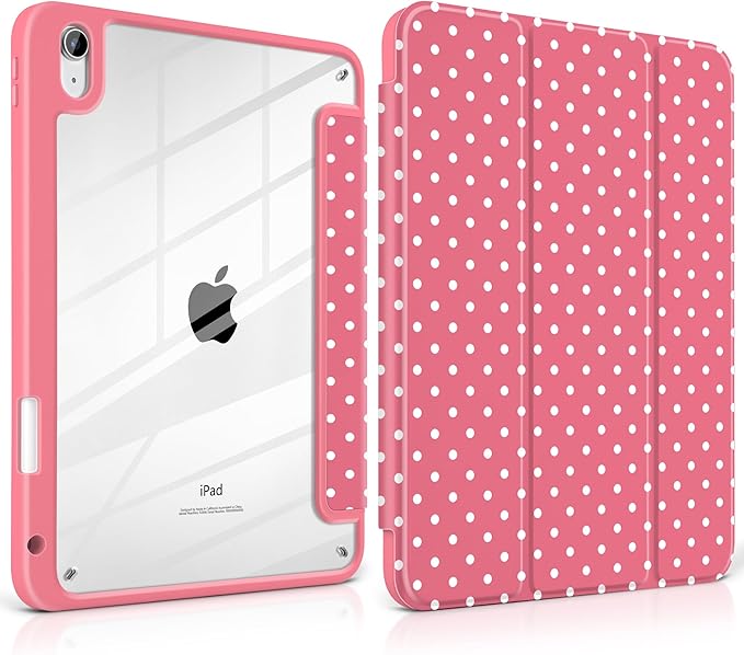Case for iPad A16 11th Generation 11 inch 2025 iPad 10th Generation 10.9 inch 2022 -[Built-in Pencil Holder] Shockproof Clear Hard Back Trifold Stand Auto Wake/Sleep Rose red White dot