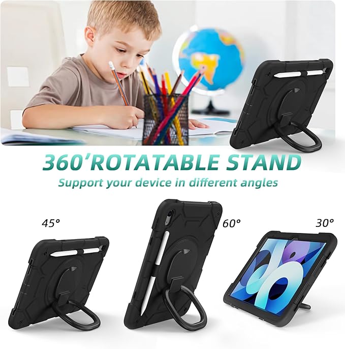 case for iPad (A16) 11th Generation 11 Inch (2025)iPad 10th Generation 10.9 Inch(2022)with[Tempered Glass Screen Protector] [Pencil Holder] 360° Rotating Handle Stand (Black)