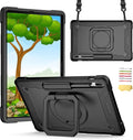 Stand Case for Samsung Galaxy Tab S8 Plus 2022 &amp Tab S7 FE 5G 2021 &amp Tab S7 Plus 2020 Case 12.4 inch 360 Degree Rotating Kickstandwith Hand/Shoulder Strap Rugged Hard Shockproof Cover Black