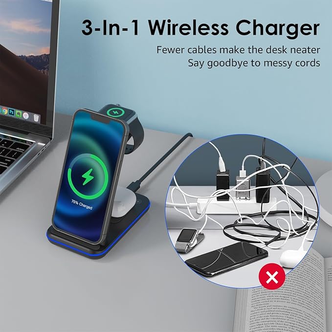 Minthouz Wireless Charger 3 in 1 Fast Wireless Charging Station with 20W Adapter for Multiple Devices Apple Watch AirPods Wireless Charger Stand Compatible with iPhone 14/13/12/11 Series
