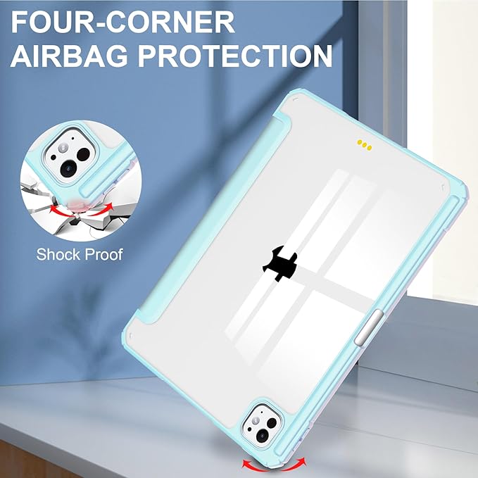 Folio Stand Case for iPad Pro 13 inch M4 (2024) with Clear Transparent Back &amp Soft TPU Shockproof Frame Cover [Pencil Holder] [Auto Sleep/Wake] Smart Lightweight Trifold Shell Sky Blue