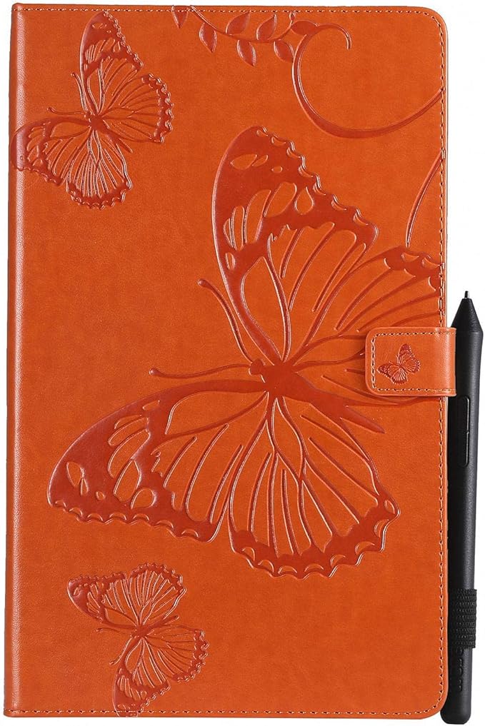 Kindle Fire HD 10 Tablet 2019/2017 Case 9th/7th Generation with Pencil Holder Pockets [Auto Sleep/Wake] Folio Stand Embossed PU Leather Magnetic Smart Wallet TPU Cover Orange Butterfly