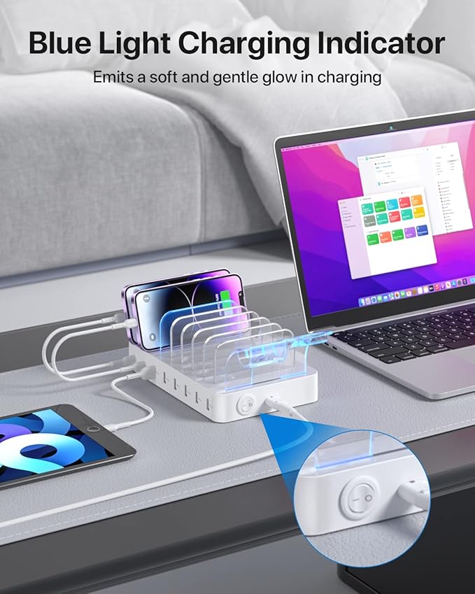 SooPii 8-Port USB-C Charging Station for Multiple Devices with 1 PD 20W Port Supports Fast Charging 8pcs Mixed Charging Cables and 1pcs Upgraded Holder for lWatch Charger &amp Air-Pods White