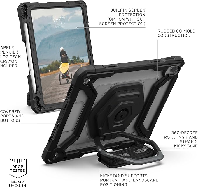 URBAN ARMOR GEAR UAG Designed for iPad 11 A16 11th Gen 2025 10.9 10th Gen 2022 Case w/Built-in Screen Protector A3354 A3355 Rugged Protective Cover w/Kickstand &amp Hand Strap Plasma Ice/Black