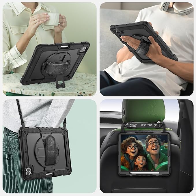 SEYMAC Case for iPad Pro 12.9 2022/2021/ 2020/2018 Heavy Duty Protection Shockproof Case with Screen Protector 360° Rotating Stand/Handle/Shoulder Strap Supports Pencil 2 Charging Black