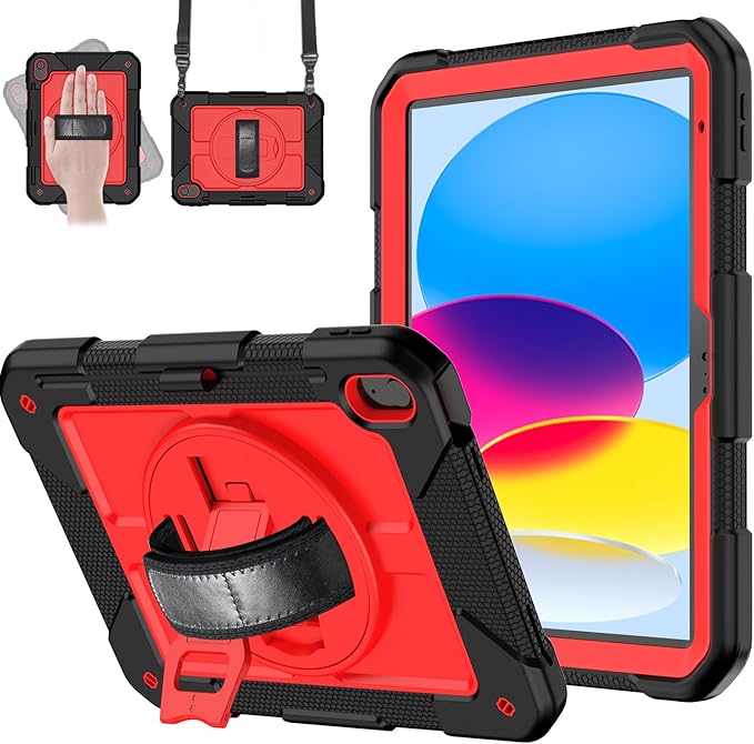 MENZO Case for iPad A16 11th Generation 11 Inch 2025 iPad 10th Gen 2022 10.9 inch 360° Rotating Stand Built-in Pencil Holder Convenient Hand and Shoulder Strap Durable Shockproof Black+Red