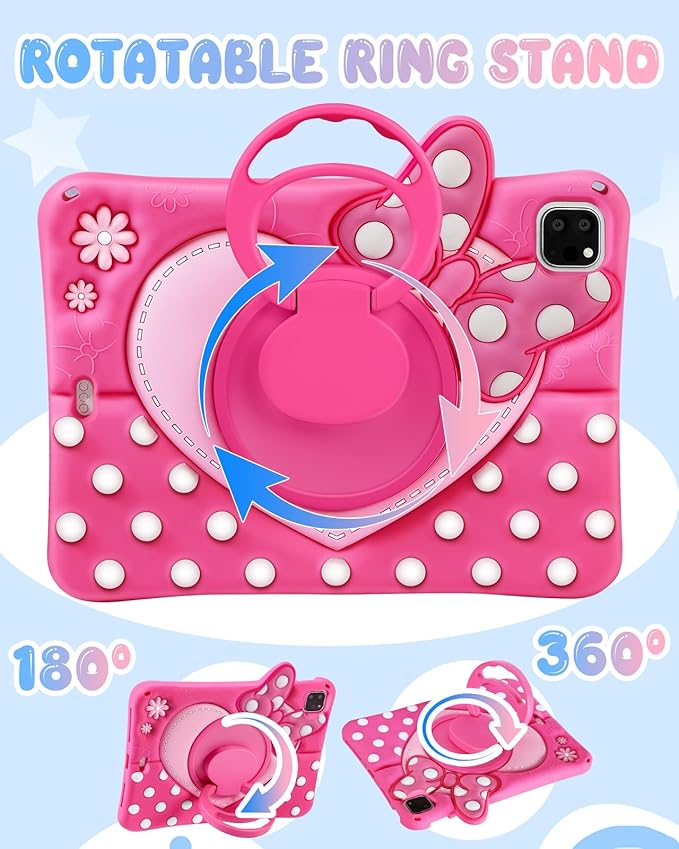 Boaretiu Kids Case for iPad Air 11 inch (Air M4 2026 8th Gen/M3 2025/M2)/Air 5th/4th Generation 10.9/Pro 11 4th/3rd/2nd/1st - Cute Girly Bow Tablet Case with Strap Stand for Girls Teens