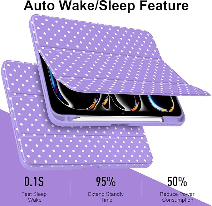 Case for iPad Pro 11 Inch (M5 2025 M4 2024) – [Built-in Pencil Holder] Shockproof &amp Stylish Clear Hard Back + Soft TPU Edge Magnetic Trifold Stand Auto Wake/Sleep Purple White dot