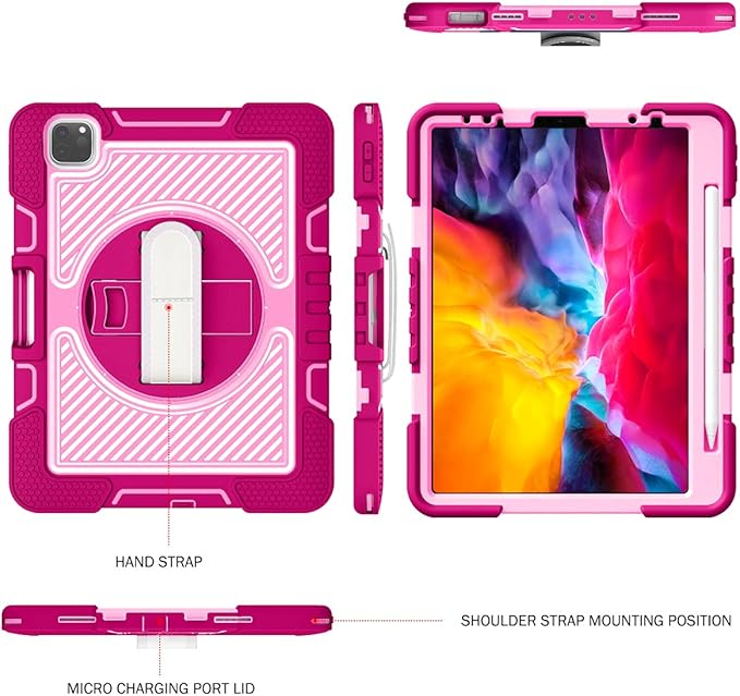 Shockproof Case for iPad Pro 11-inch 4th/3rd/2nd Generation with Shoulder Strap Techcircle Heavy Duty Rotating Kickstand Hand Strap Rugged Defender Protective Case with Pencil Holder Rose+Pink