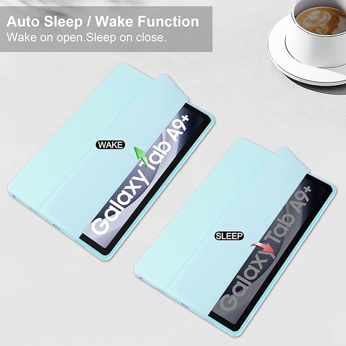 Stand Case for Galaxy Tab A9 Plus 11 Inch 2023 (SM-X210/X216/X218) UUcovers Trifold Cover with Pencil Holder [Auto Sleep/Wake] Clear Transparent Back Shell &amp TPU Shockproof Frame Sky Blue
