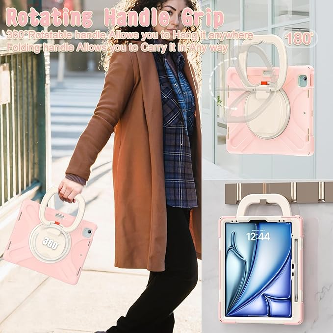 MEEgoodo Case for iPad Air 13 inch 2025 (M3) /2024 (M2) &amp iPad Pro 12.9 Case 6th/5th/4th/3rd Generation 2022 2021 2020 2018 Tablet Cover with Pencil Holder/Rotating Stand/Shoulder Strap Rose Gol
