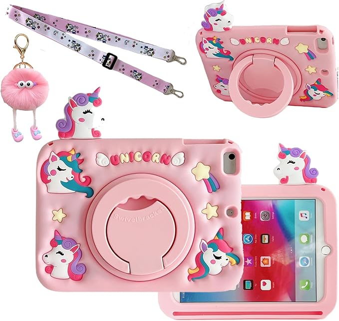 3D Cute Unicorn Case for iPad mini 7 (A17 Pro) 2024/Mini 6 2021 8.3 inchKawaii Cartoon Pretty Animal Soft Silicone Rotating Stand Case with Lanyard for Kids Teens Girls Women- Pink