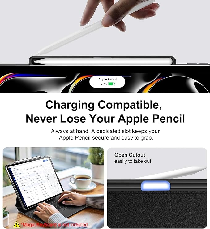 Magic-Keyboard Compatible Case for iPad Pro 13 inch M4/M5 2024/2025 Cover with Apple Pencil Holder for Smart MagicKeyboard Folio Slim Durability Durable Leather Surface Keyboard Not Included Black