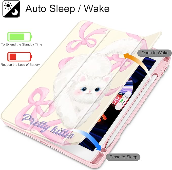 for iPad 9th Generation with Pencil Holder iPad 8th/7th Gen Case 10.2-inch [Built in Pencil Holder] Trifold Stand Auto Wake/Sleep Clear TPU Protection Back Cover Ribbon Bow Kitten