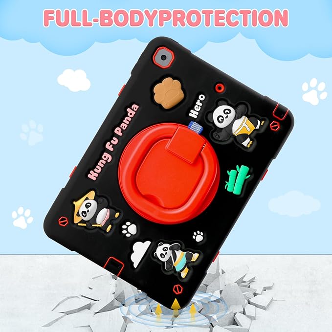 Case for iPad 9th/8th/7th GenerationCute 3D Cool Panda Warrior Design Cover with Screen Protector Rugged Protective Cartoon Case with Stand/Strap/Pen Slot for iPad 10.2 Kids Teens (Black+Red)