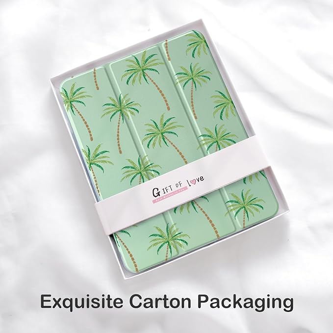 Cute Palm Tree for iPad Air 11 Inch Case 7th/6th Generation (M3/M2) 2025/2024 with Pencil Holder Auto Sleep/Wake Green Leather Clear Acrylic Back Cover