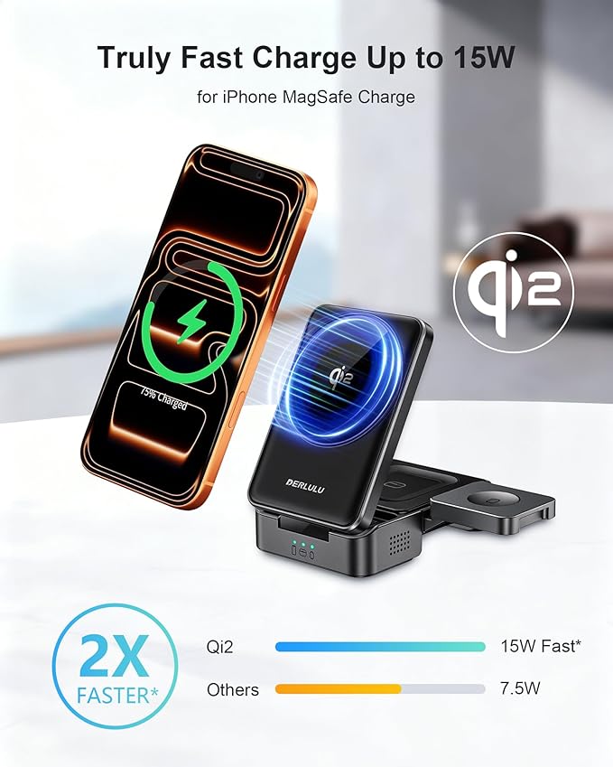 Foldable 3-in-1 Wireless Charger for Apple Devices Qi2 15W Magnetic Fast Charging Dock for iPhone 17/16 Apple Watch AirPods and More (45W USB-C Charger &amp 5ft Type-C Cable Included)
