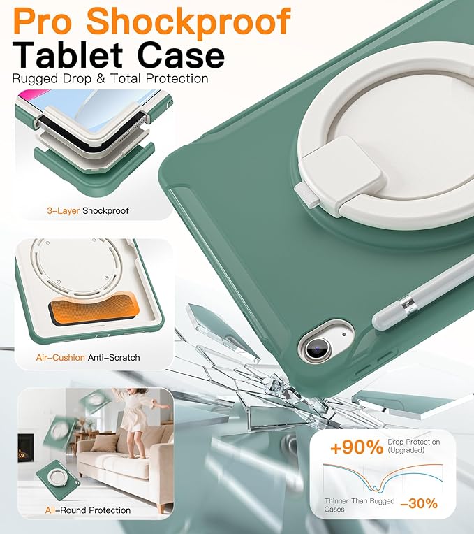 BATYUE Shockproof Case for iPad 10th Gen 10.9 2022 / 11th Gen (A16) 11 2025 | 360° Multi-Angle Stand (Portrait &amp Landscape) &amp Grip Built-in Screen Protector Pencil Holder Jade Green