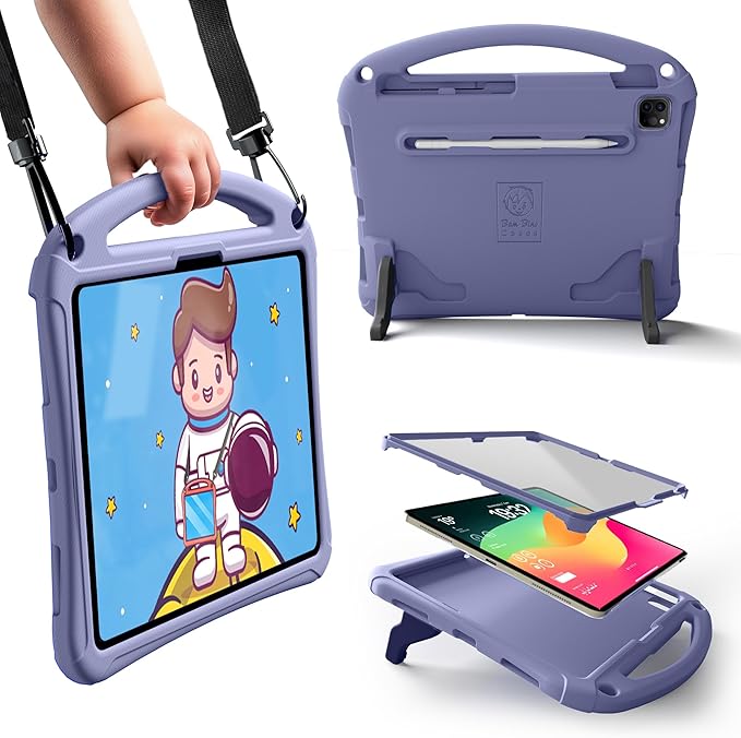 Bam Bino Space Suit Rugged Kids Case for Apple iPad Pro 13 M4 iPad Air 13 M2/M3 (2024/2025) Case for Kids with Built-in Screen Protector Handle Stand Pencil Holder Shoulder Strap (Nebula Violet)
