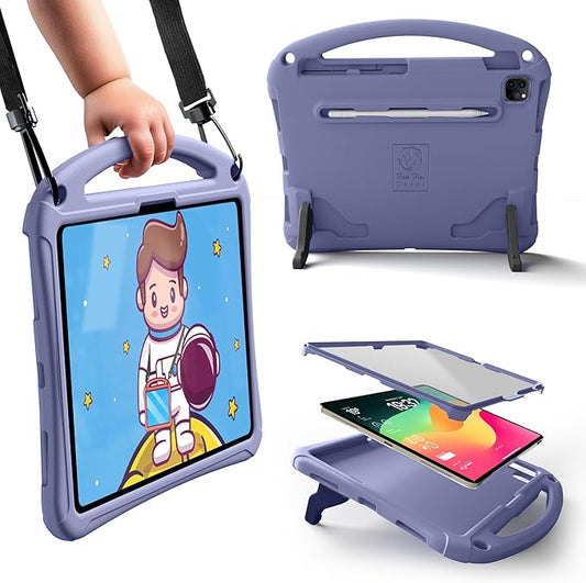 Bam Bino Space Suit Kids Case for iPad Pro 12.9 3rd/4th/5th/6th Generation (2018-2022) Models [Not for iPad Pro 12.9 1st/2nd Gen] Screen Guard Handle Shoulder Strap Pencil Holder (Nebula Violet)