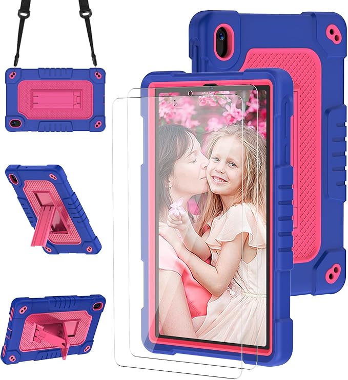 for Walmart Onn 8 inch Gen 4 2024 Model Tablet Case with 2 Pcs Screen ProtectorHeavy Duty Kids Shockproof Stand Shoulder Strap Case for Walmart Onn 8 2024 Model:100135923 (Navy/Pink)