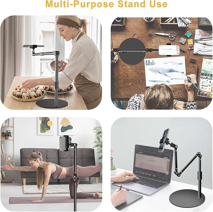 Overhead Phone Mount for Desk 17 Long Arm Adjustable iPhone Holder Heavy Duty Rotatable Stand for Video Recording Live Streaming Crafting Cooking