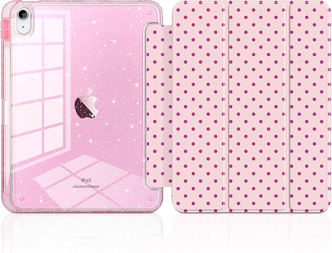 DONGKE for iPad Case 9th/8th/7th Generation 10.2 Inch (2021/2020/2019) Shockproof Glitter Acrylic Back with Trifold Stand Pencil Holder &amp Auto Sleep/Wake - Pink Polka Dot