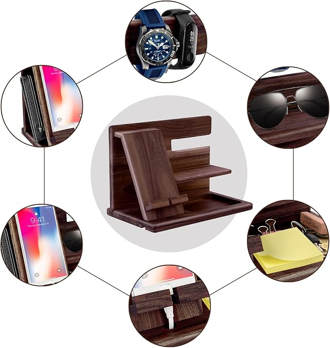 Gifts for Men Christmas Wood Phone Docking Station Mens Gifts for Birthday or Gifts for Dad Fathers Day Desk Workspace Organizer Nightstand Organizer Key for Wallet &amp Watch Holder Husband Chris