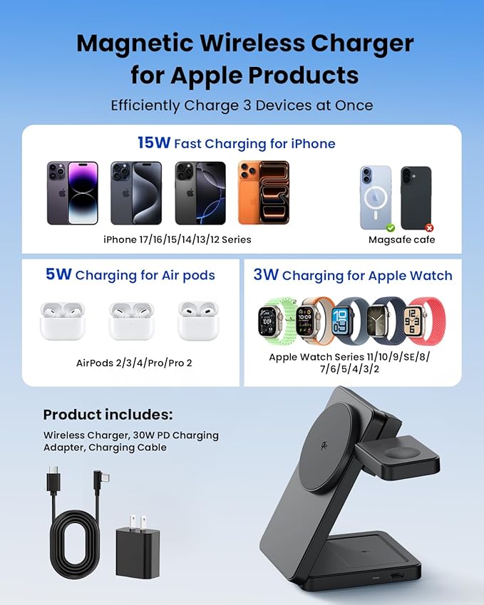 Magnetic Wireless Charging Station for Apple: Upgraded Qi2 Certified 15W 3-in-1 Magsafe Wireless Charger Stand Foldable Travel Fast Charger for iPhone 17 16 15 14 13 12 Series Apple Watch AirPods