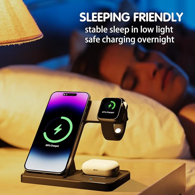 Wireless Charger 3 in 1 Fast Desk Charging Station for iPhone 16 15 14 13 12 Charging Stand Dock for Apple Watch &amp AirPods