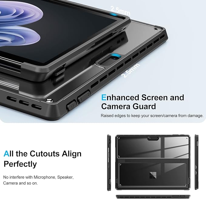 INFILAND Surface Pro 11/10/9 Case Crystal Clear Multi-Angle Shockproof for Microsoft Surface Pro 11th Edition AI 2024 Work with Surface Pro Signature Keyboard &amp Slim Pen 2 Mysterious Black