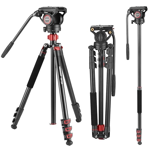NEEWER 72 Fluid Head Video Tripod Monopod Aluminum Alloy QR Plate Compatible with DJI RS Gimbal 360° Pan &amp +90°/-70° Tilt for DSLR Camera Camcorder Max Load 13.2lb/6kg TP72A