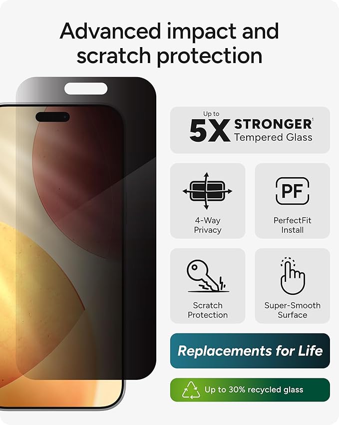 ZAGG Privacy XTR Screen Protector for iPhone 17 Pro Max - 4-Way Privacy Full-Screen Filter 5X Stronger Fingerprint-Resistant Tempered Glass Smooth Feel Easy Two-Step Installation