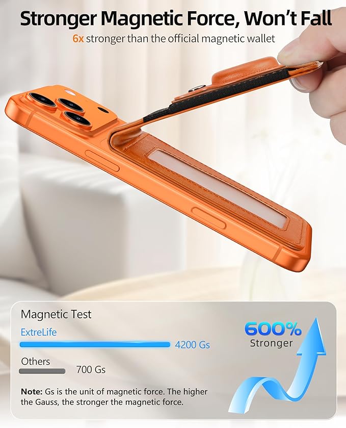 ExtreLife For Magsafe Wallet Stand with Airtag Holder Strongest Magnetic Wallet for iPhone 17/16/15/14/13/12 Series ID Window 4 Card Slots 10 Cards Holder Vegan Leather RFID Blocking Orange