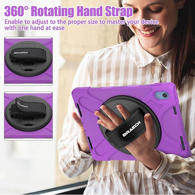 BRAECNstock for Apple iPad (A16) 11th/10th Generation 11/10.9'' 2025/2022 Shockproof Protective Case with Screen Protector Pencil Holder 360° Rotating Hand Strap&ampStand Shoulder Strap Purple