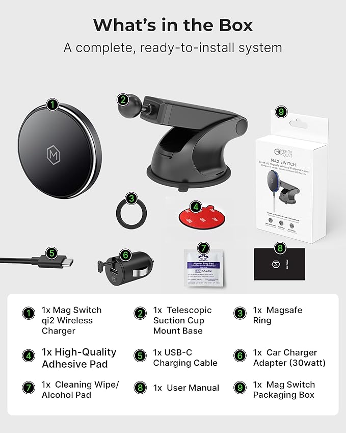 Mag Switch Qi2 Mag Safe Wireless Telescopic Suction Cup Mount 15W Fast Charger with a Built in on/Off Switch for Smarter Charging Strong N52 Magnets Compatible with iPhone 12-17