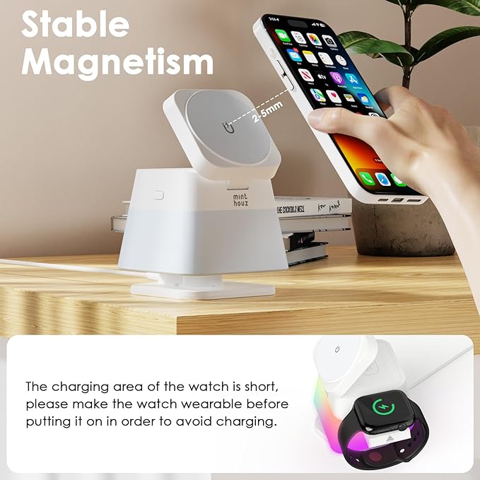 Minthouz 3 in 1 Charging Station for iPhone Wireless Charger for Apple MagSafe Charger with Night Light 360° Rotation Compatible with iPhone 16 15 14 13 12 Pro Apple Watch &amp AirPods Pro 4