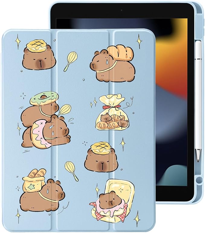 Cute Kawaii Capybara for iPad mini 7 A17 Pro 2024/iPad Mini 6 Case with Pencil Holder Auto Sleep/Wake Blue Leather Clear Acrylic Back Cover