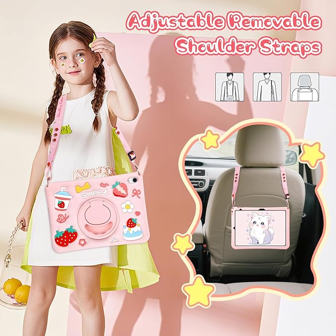Case for iPad A16 11th Generation 2025 10th Generation Case 2022 for Kids Girls with 360 Degree Kickstand Shoulder Strap Pink Heavy Duty Shockproof Protective iPad 11 inch 10.9 inch Cover