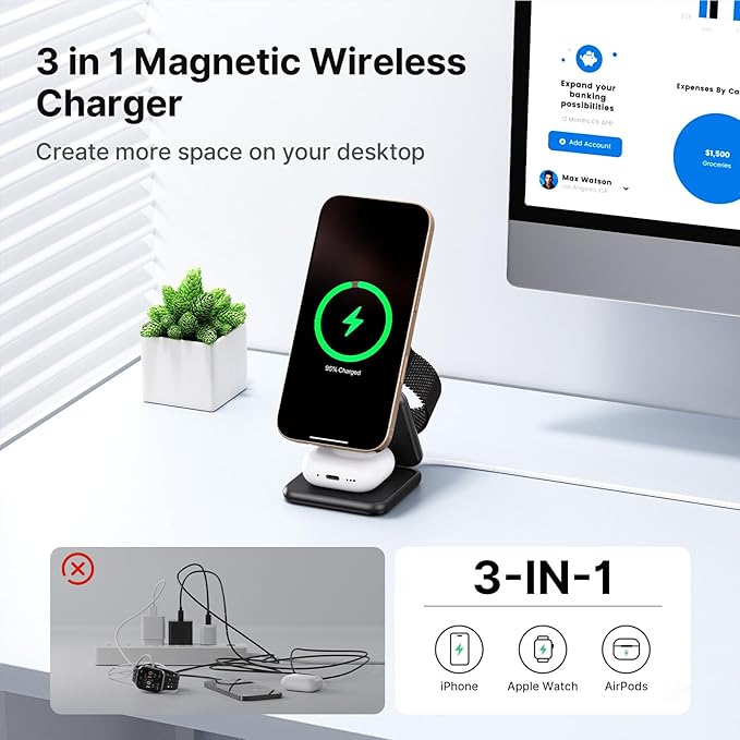 3 in 1 Charging Station for Apple Multiple Devices Zinc Alloy Foldable Travel Wireless Charging pad for Mag-Safe Wireless Charger Stand for iPhone 17 16 15 14 13 12 Apple Watch Airpods