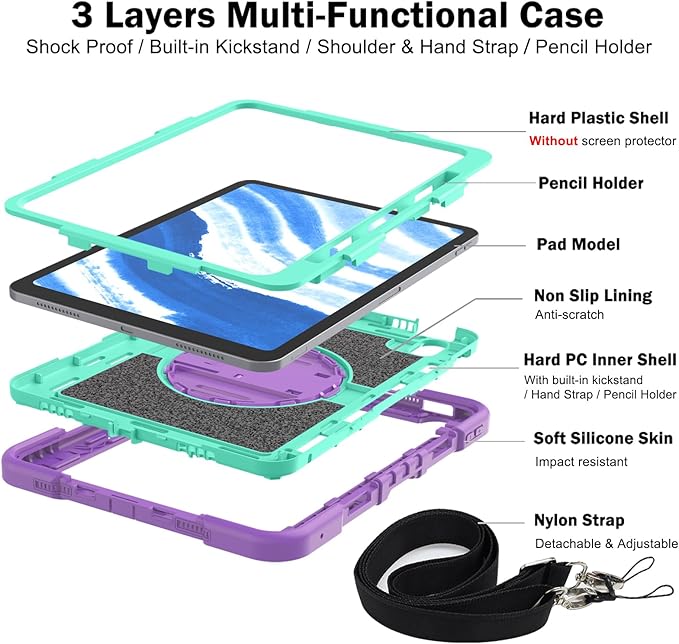 Shockproof Case for iPad Air 4th/5th Generation iPad Air 11 2025 2024 Cover with Shoulder Strap+Pencil Holder Techcircle Heavy Duty Rotating Kickstand Hand Strap Rugged Case Lavender+Aqua