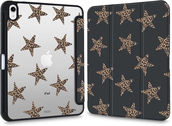 Y2k Printed Case for 12.9 iPad Pro 6th/5th/4th/3rd Gen (2022/2021/2020/2018) Leopard Print Star Clear Hard Back Hybrid Casewith Pencil Holder Trifold Stand Slim Cover for Women