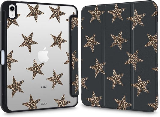 Y2k Printed Case for 12.9 iPad Pro 6th/5th/4th/3rd Gen (2022/2021/2020/2018) Leopard Print Star Clear Hard Back Hybrid Casewith Pencil Holder Trifold Stand Slim Cover for Women