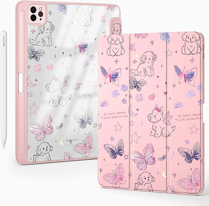 Cute Kawaii Puppy Butterfly for iPad (A16) 11th Gen Case 11 Inch 2025 for iPad 10th Gen Case 10.9 Inch 2022 with Pencil Holder Auto Sleep/Wake Pink Leather Clear Acrylic Back Cover