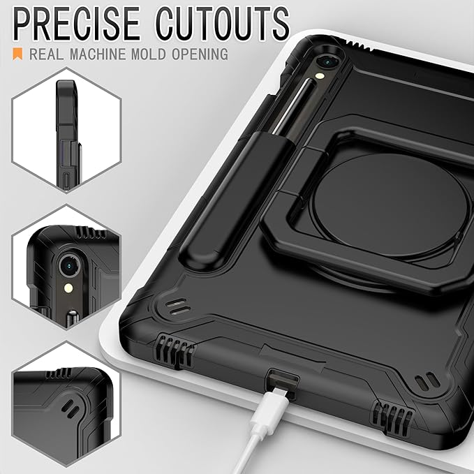 Case for Galaxy Tab S9 FE+/Tab S9+ 12.4 inch Rugged Armor Heavy Duty Hybrid Cover with Adjustable Stand and Handle for Tab S9 Plus 12.4 with Shoulder Strap and S Pen Holder (Black/Black)